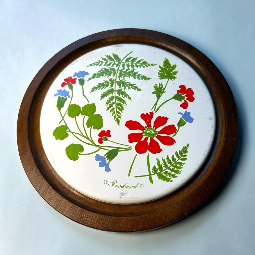 Vintage Goodwood Floral Enamel Wood Trivet Cottagecore Botanical Hot Plate 7”